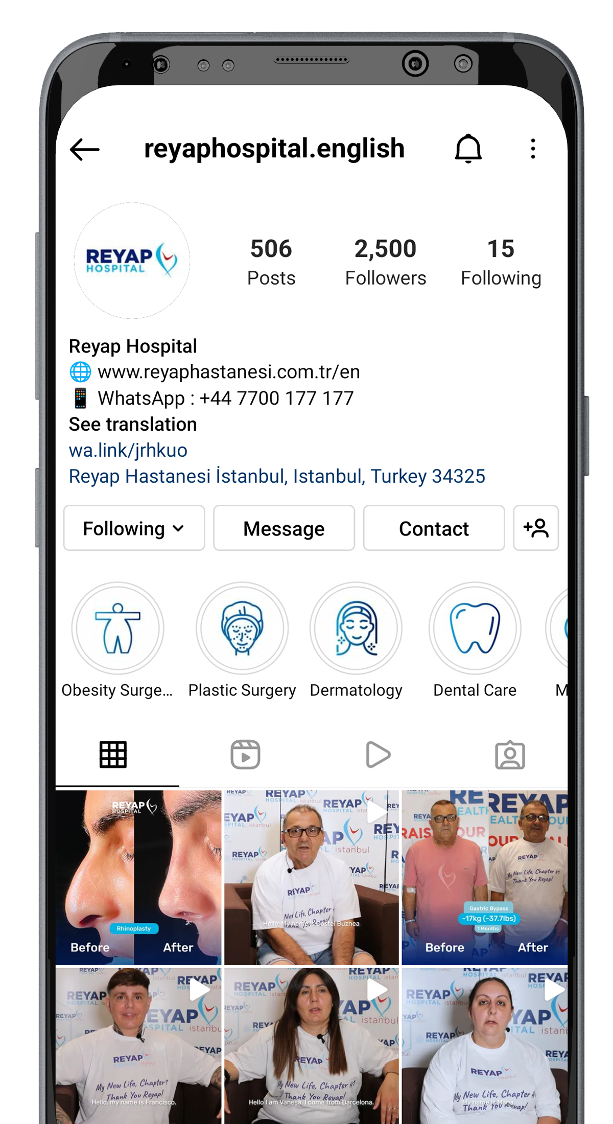 Reyap Hospital Instagram Image Embedded Inside a Mobile Phone